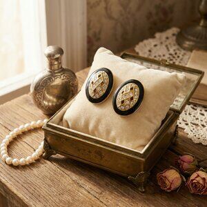 Vintage Trifari Black & Gold Enamel Earrings | Classic 1960s Mid-Century